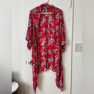 Red Kimono Cardigan - Open Front - Textured Fabric - Size M